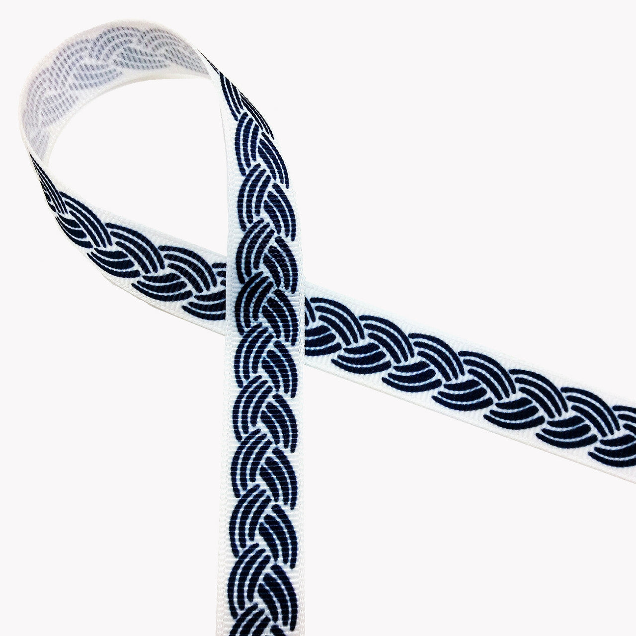 Nautical rope ribbon in navy blue printed on 5/8" white satin and grosgrain