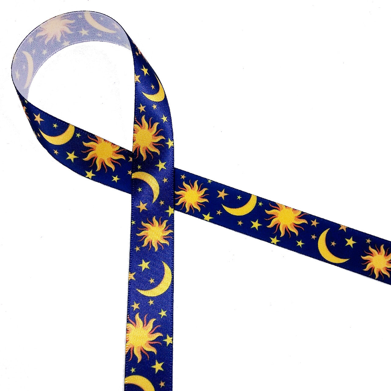 The Sun, Moon and Stars on a midnight blue background printed on 5/8" white single face satin ribbon is a beautiful ribbon for the most thoughtful of friends.