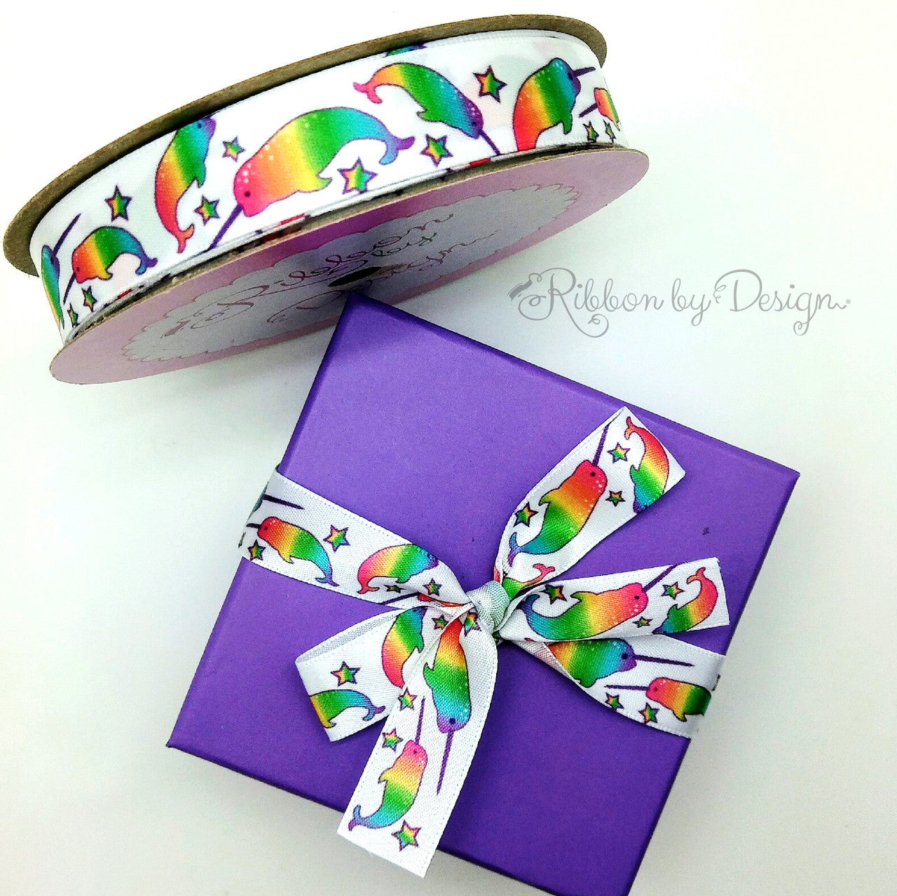 Our magical rainbow Narwals ribbon looks oh so pretty on a bold primary purple box!