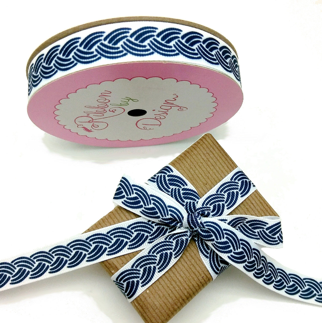 Nautical rope ribbon in navy blue printed on 5/8" white satin and grosgrain