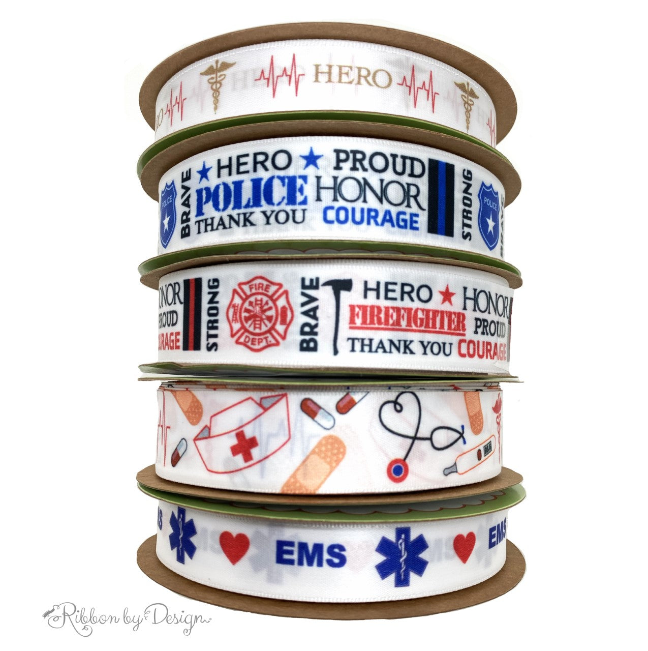 Paramedic theme with EMS logo and a red heart on 5/8" white single face satin ribbon