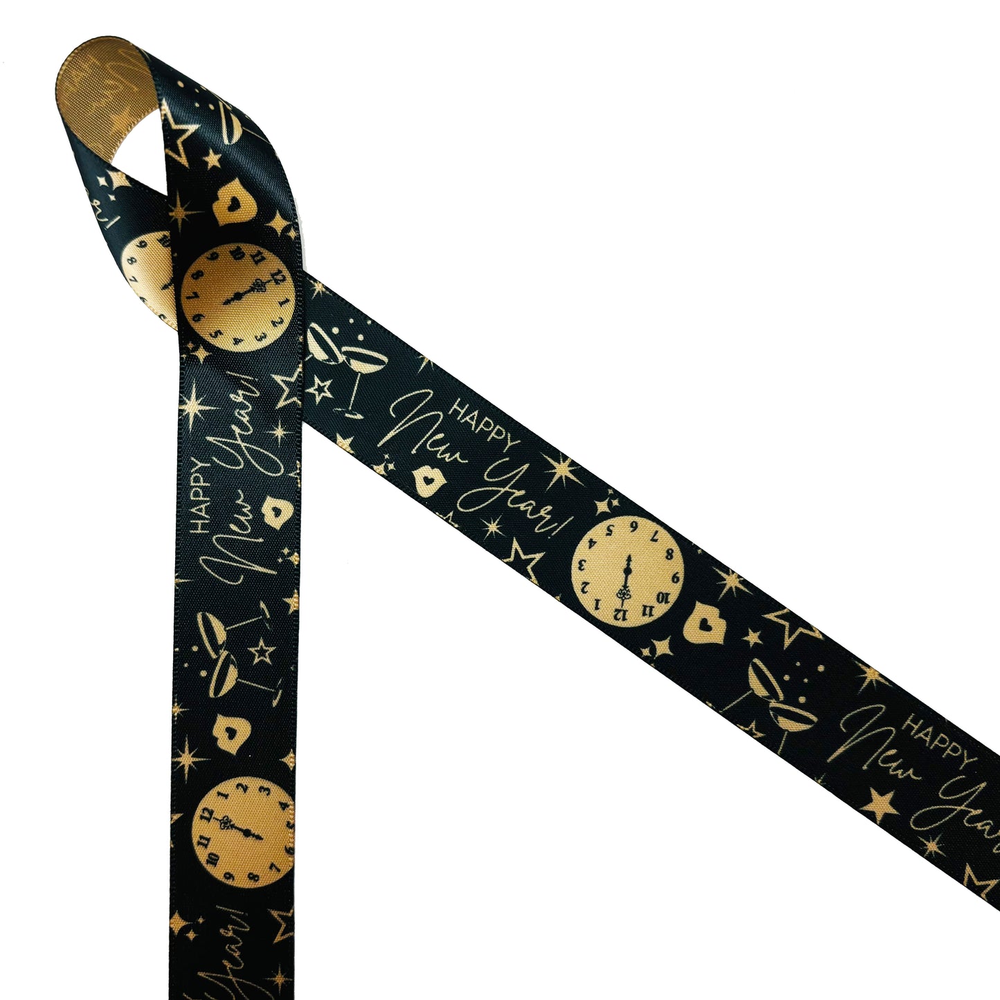 Happy New Year ribbon black and gold for New Years Eve printed on 7/8" Dijon gold satin