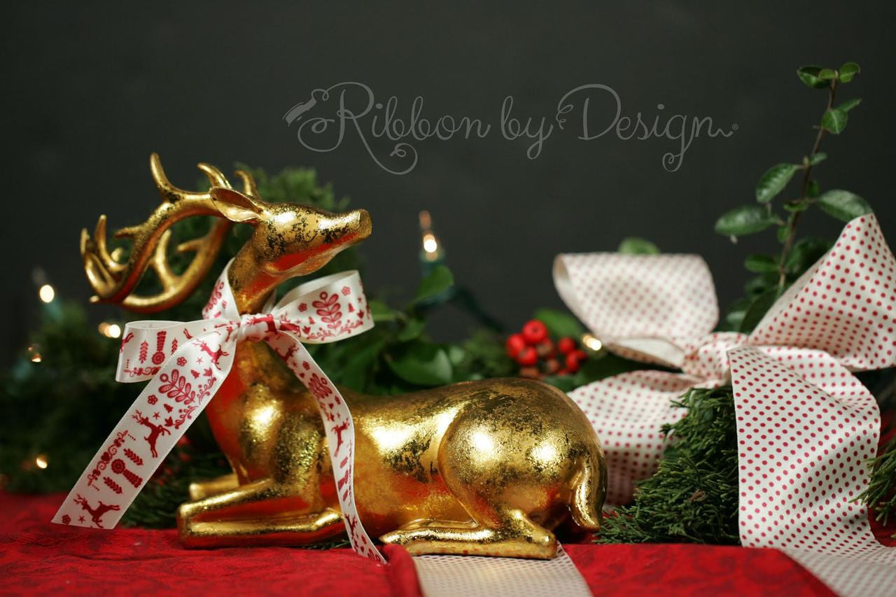 Our Nordic red and antique white ribbon makes a handsome statement on our golden reindeer!