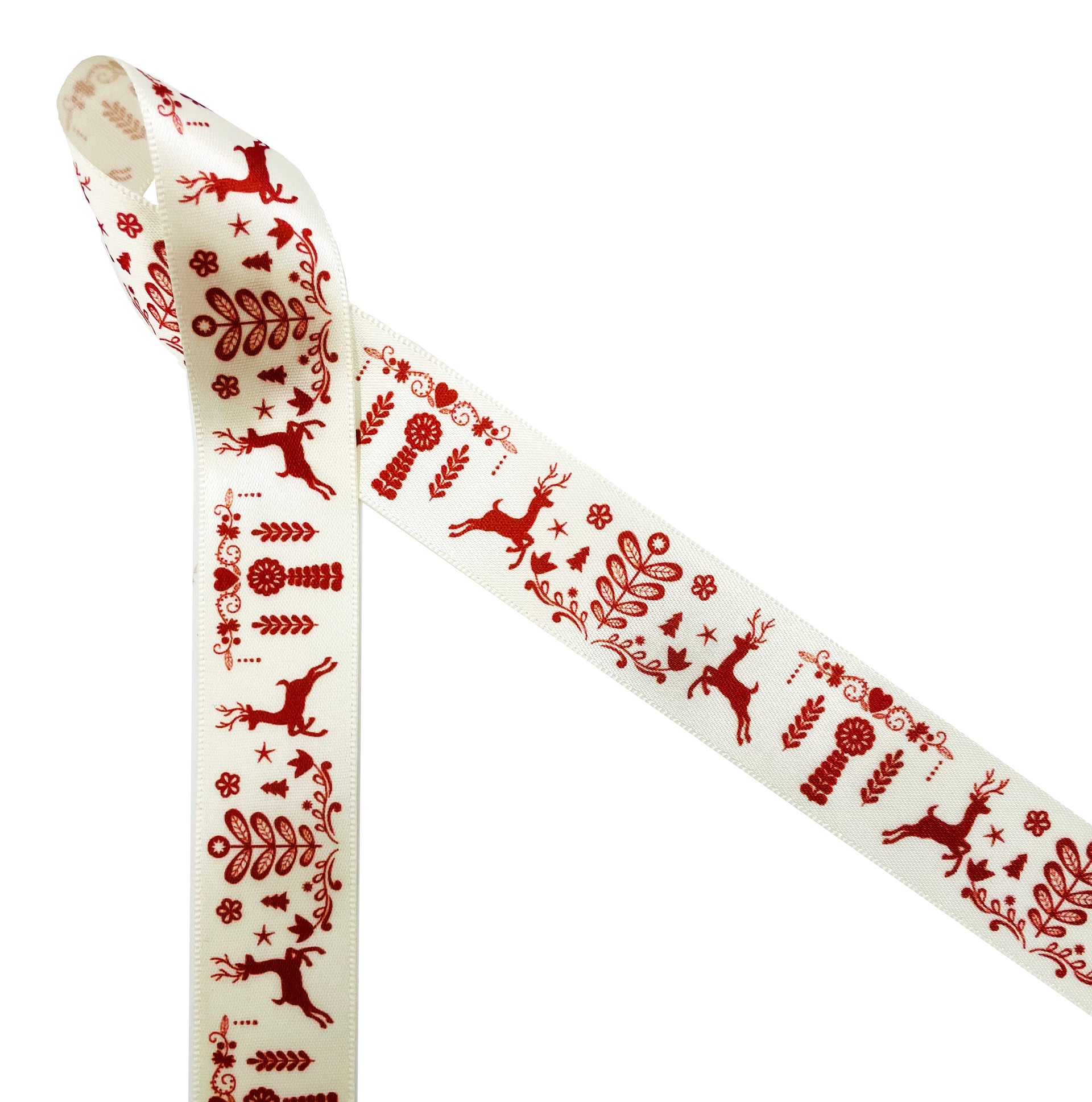 Christmas ribbon nordic snowflakes in white with a pink background printed  on 5/8 white single face satin, 10 yards