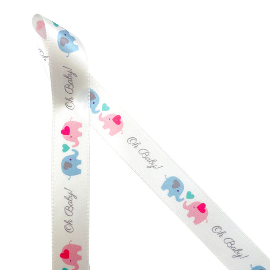 Oh Baby is expressed on 7/8" wide white single face satin ribbon with these adorable pink and blue elephants!