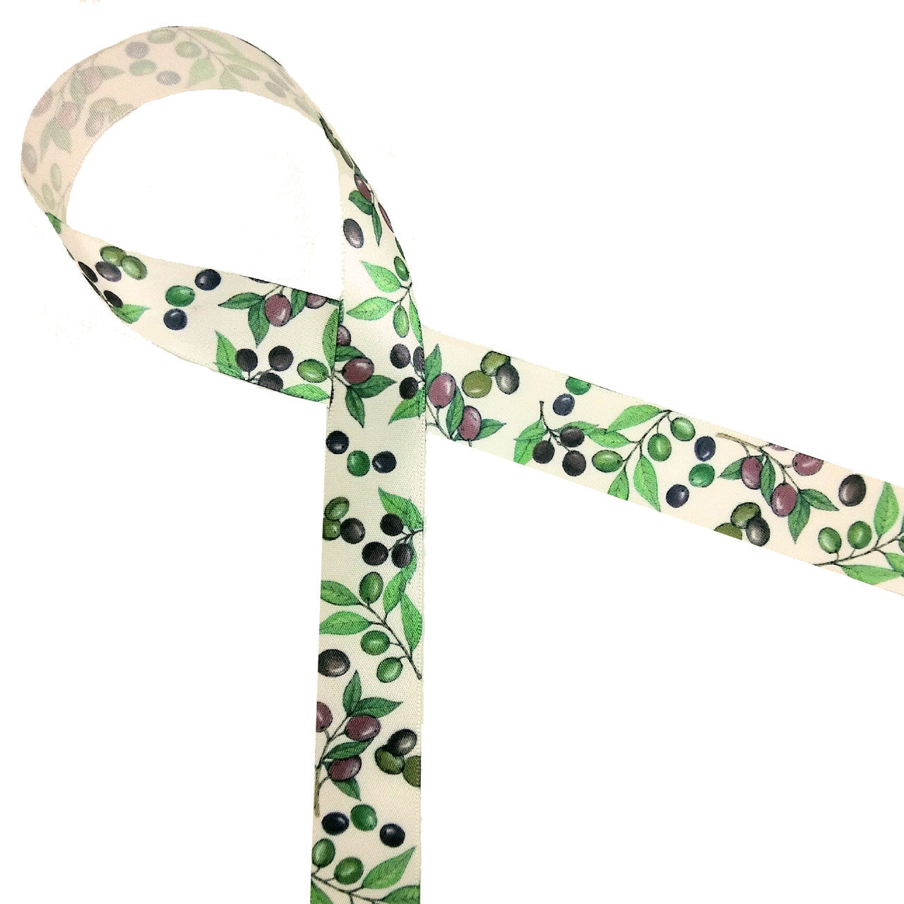 Olives in deep purple and green on 5/8" antique white single face satin ribbon is an ideal accent to all your olive theme gifts!