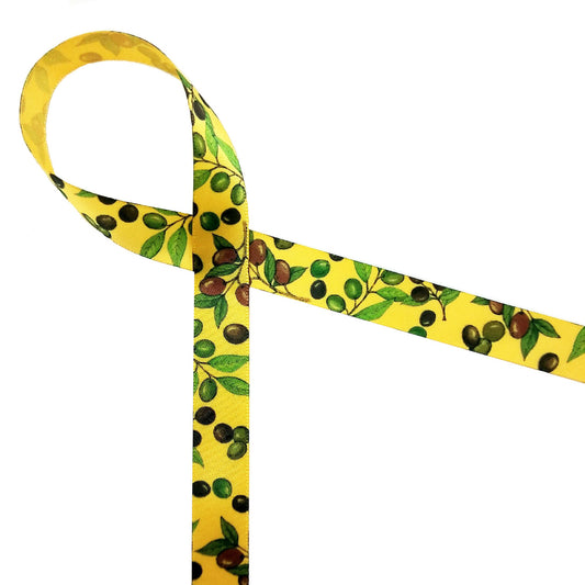 Olives Ribbon in dark purple and green on 5/8" Daffodil yellow single face satin