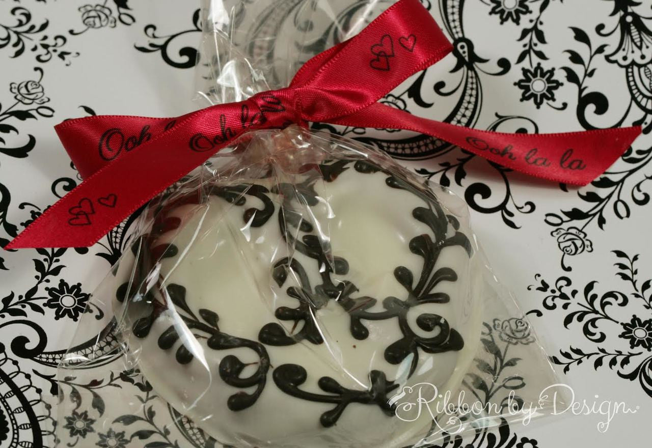 Our fun Ohh La La ribbon on bright red is the perfect topper to this elegant Valentine Cookie