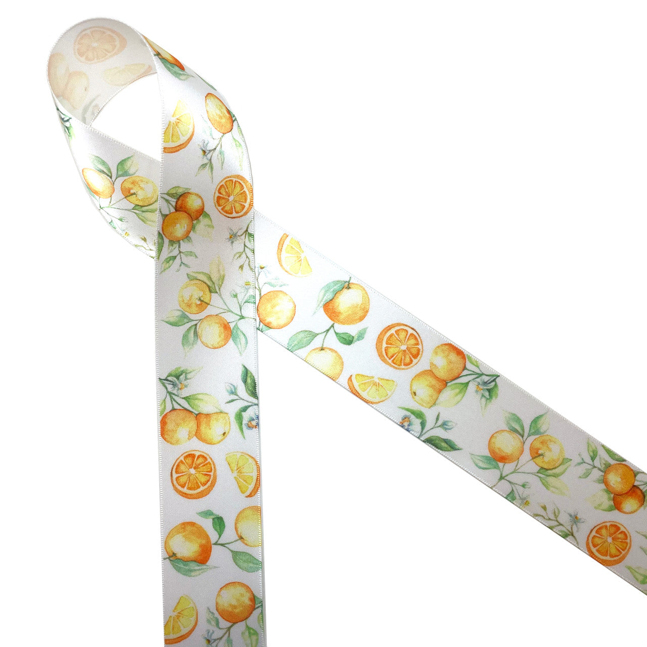 Oranges whole, slices and with their leaves printed on 1.5" white single face satin ribbon is ideal for quilting, sewing, crafts , wreath making and so much more. This is a great ribbon for party decor, bridal showers, hair bows and hat bands. All our ribbon is designed and printed in the USA