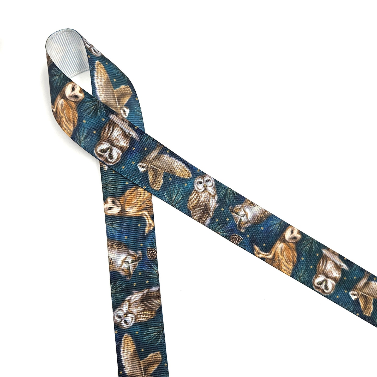 Owl ribbon artful owls on a teal blue background with gold stars and pine branches printed on 5/8" and 1.5" white satin