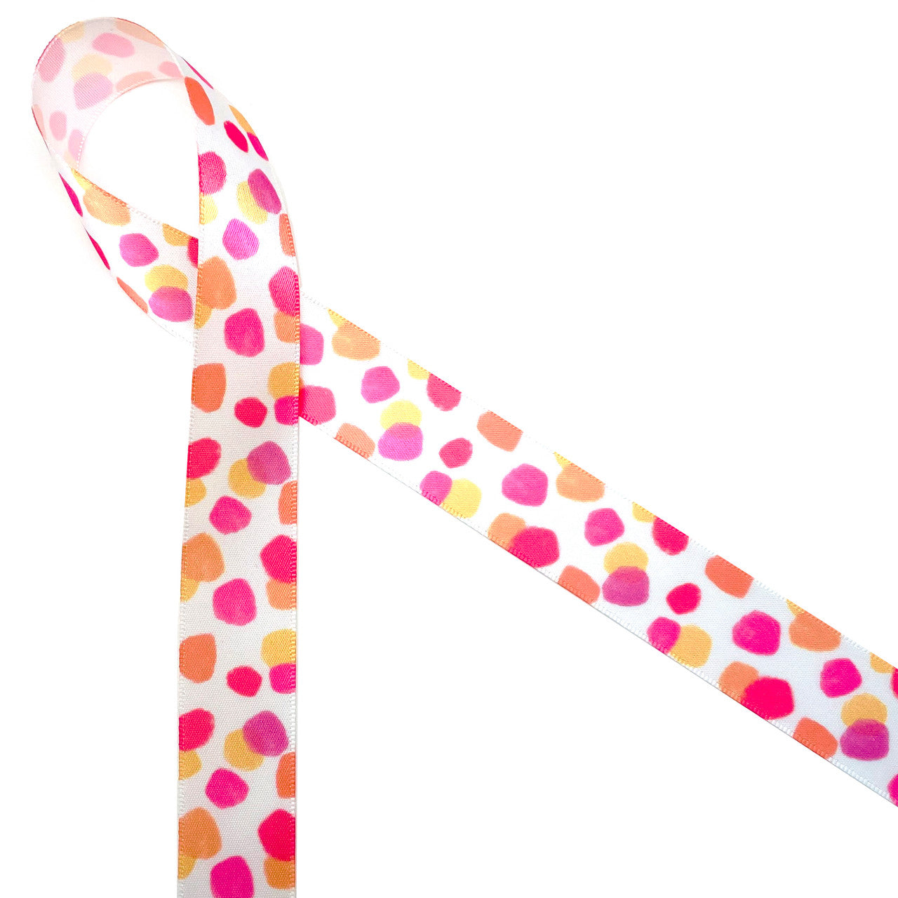 Water color dots are trending! Our water color dots of pink, yellow and  coral printed on 7/8" white single face satin ribbon is the perfect addition to quilting, sewing and craft projects. Use this ribbon for fun Spring events, bridal showers and dessert tables. All our ribbon  is designed and printed in the USA