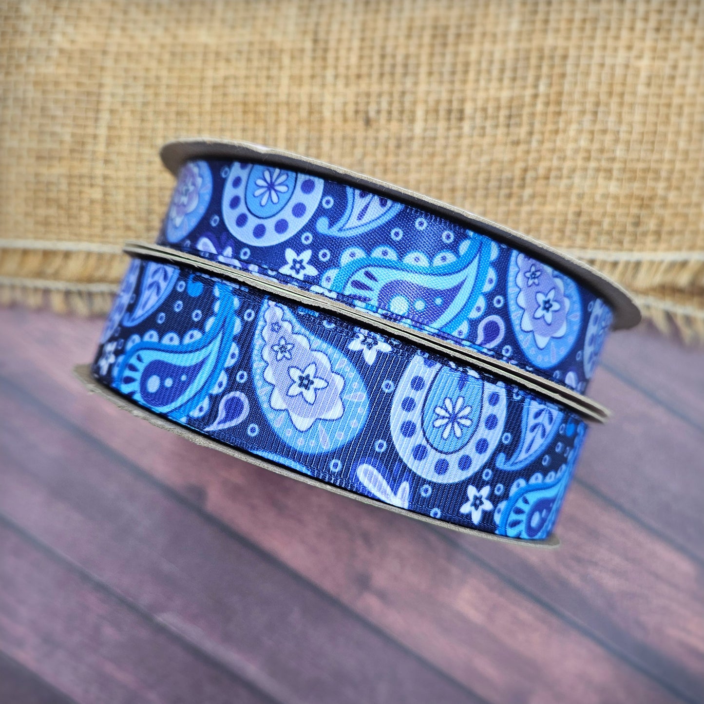 Paisley Blue ribbon printed on 5/8" satin and 7/8" grosgrain