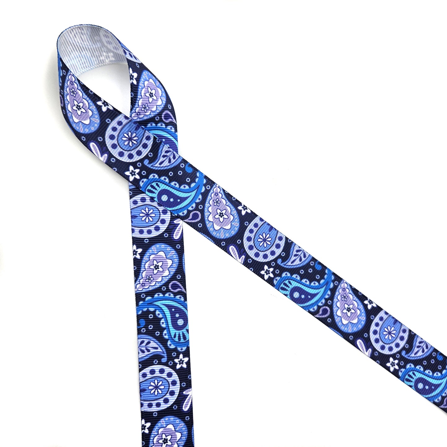 Paisley Blue ribbon printed on 5/8" satin and 7/8" grosgrain