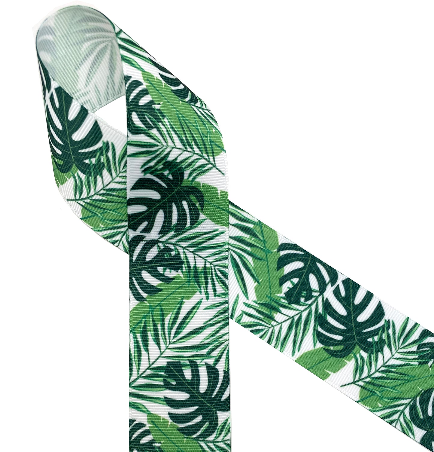 Palm fronds Ribbon printed on 7/8" and 1.5" white grosgrain