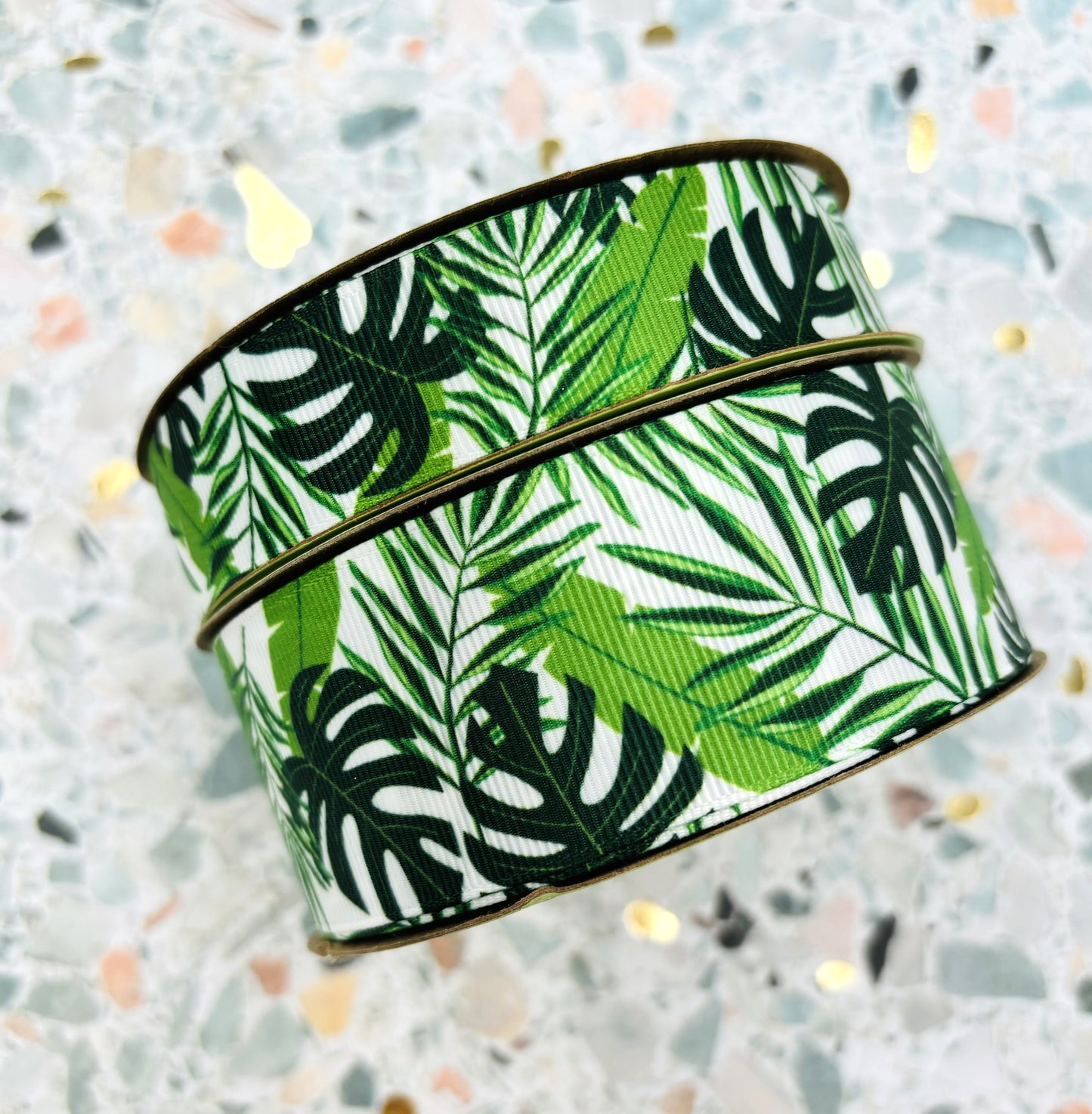 Palm Frond Ribbon tropical leaves in shades of green printed on  7/8" and 1.5"  white grosgrain