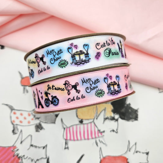 Paris ribbon with images of Paris scenes printed on 7/8" blush double face satin and grosgrain