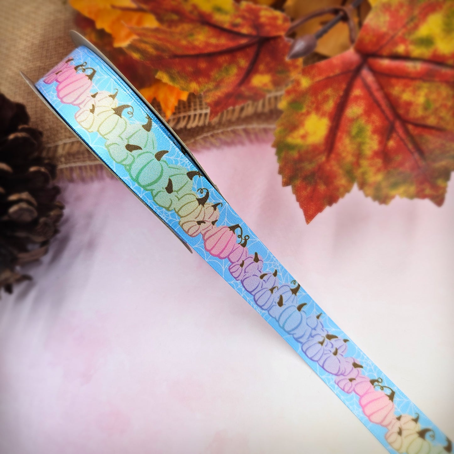 Pastel Pumpkin ribbon  featuring gourds in pink, yellow, lavender and green printed on 5/8" satin
