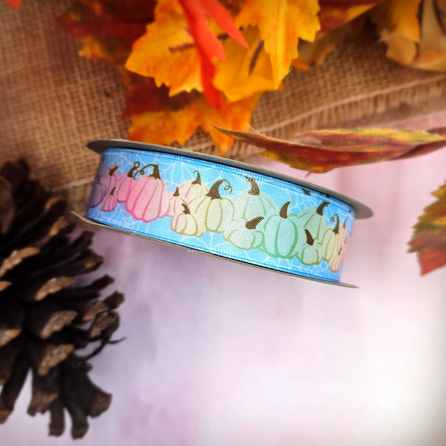 Pastel Pumpkin ribbon  featuring gourds in pink, yellow, lavender and green printed on 5/8" satin