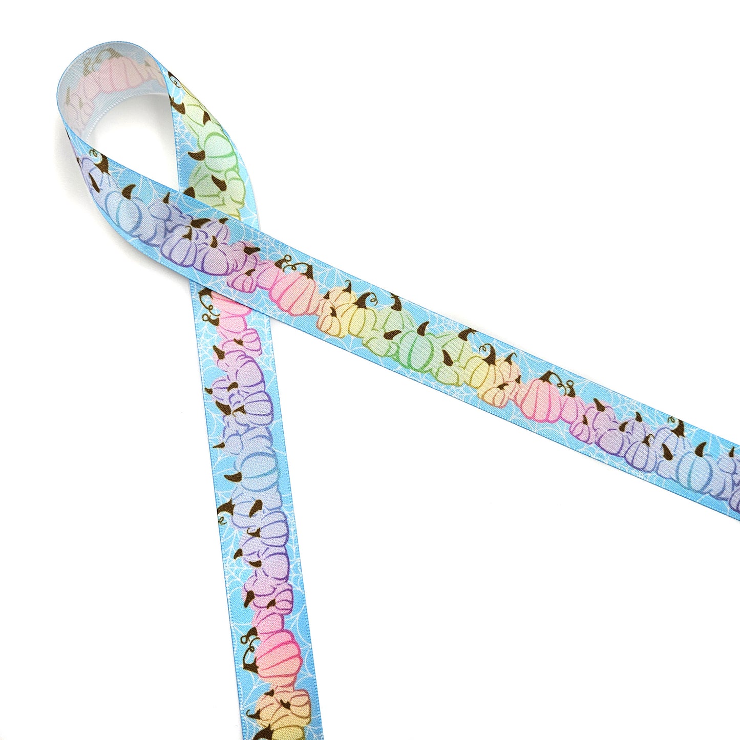 Pastel Pumpkin ribbon  featuring gourds in pink, yellow, lavender and green printed on 5/8" satin