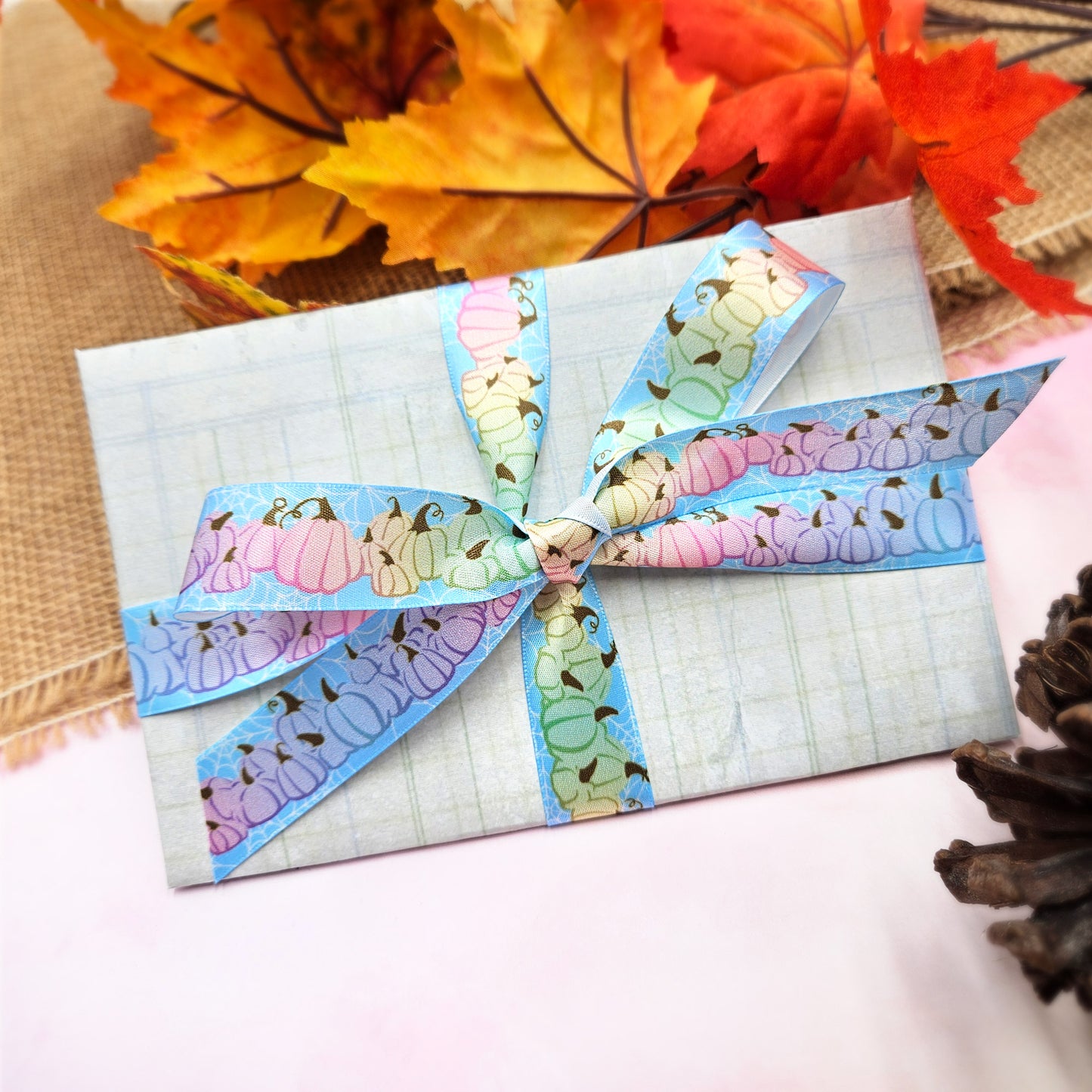 Pastel Pumpkin ribbon  featuring gourds in pink, yellow, lavender and green printed on 5/8" satin