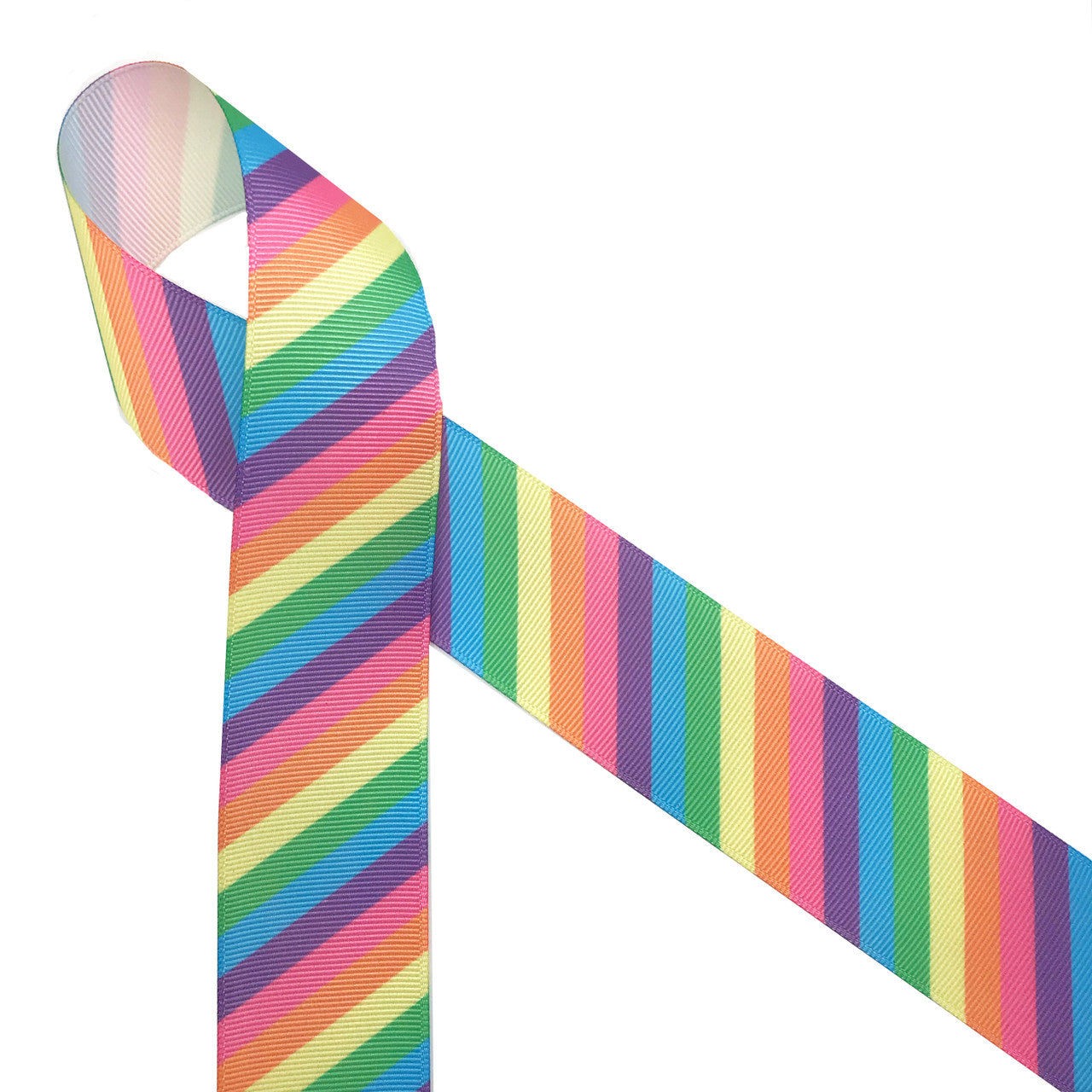Pastel  stripes in pink, yellow, blue, purple and  green printed on 1.5" white grosgrain ribbon is such a fun ribbon for hair bows, hat bands, fascinators, crafts and sewing projects! Be sure to have this ribbon on hand for all your new colorful and creative ideas.