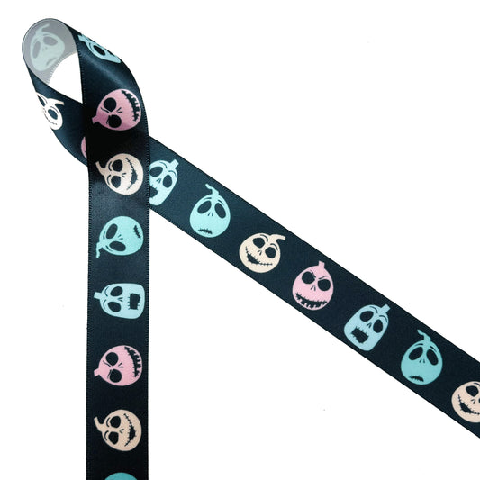 Halloween Pumpkins in pastel colors of pink, mint green, light yellow and blue printed on 7/8" satin