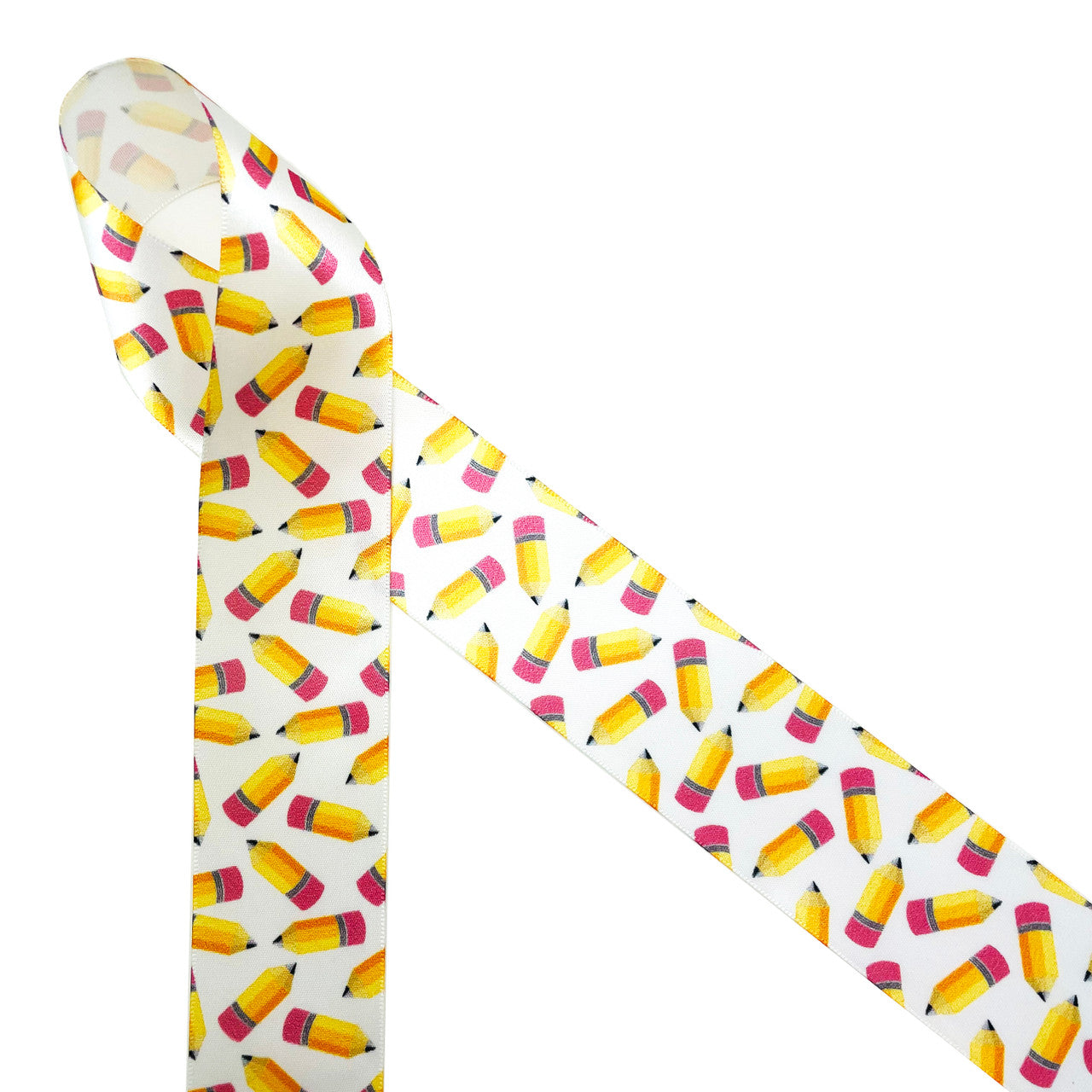 Little yellow pencils with red erasers tossed on a white background printed on 1.5" white single face satin ribbon is the perfect  back to school ribbon for hair bows, head bands, hat bands, party decor and gifts. Use this ribbon for teacher gifts, teacher appreciation lunches, quilting and school themed craft projects. All our ribbon is designed and printed in the USA
