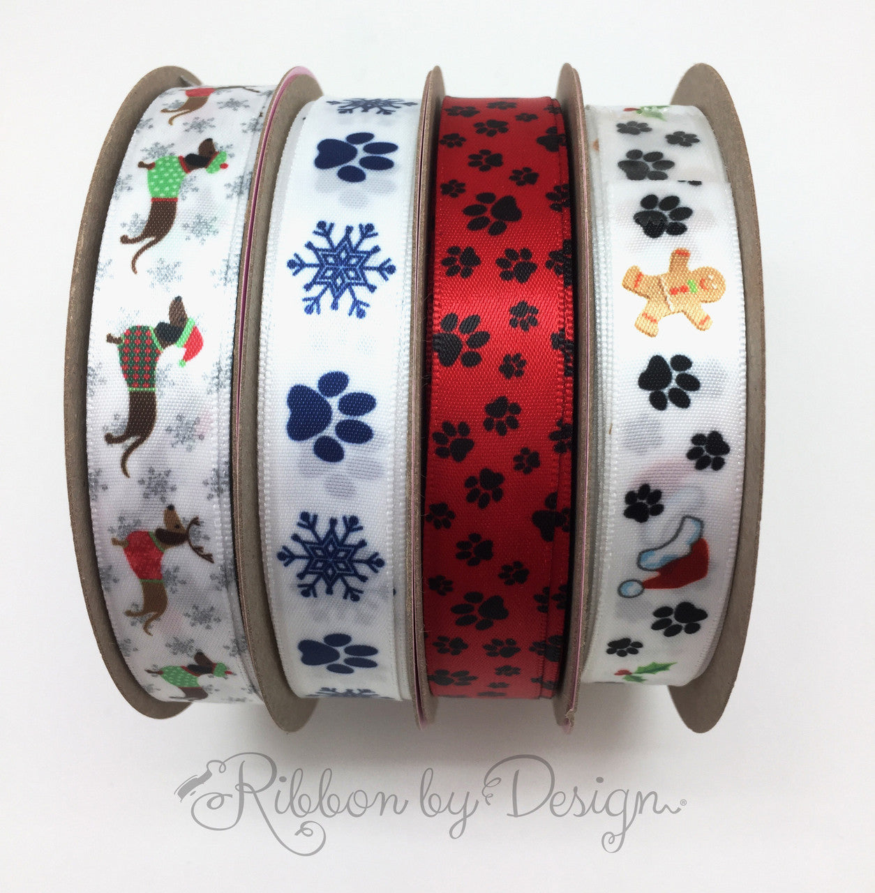 Dachshund ribbon, Dachshunds dressed in Holiday sweaters printed on 5/8" white single face satin