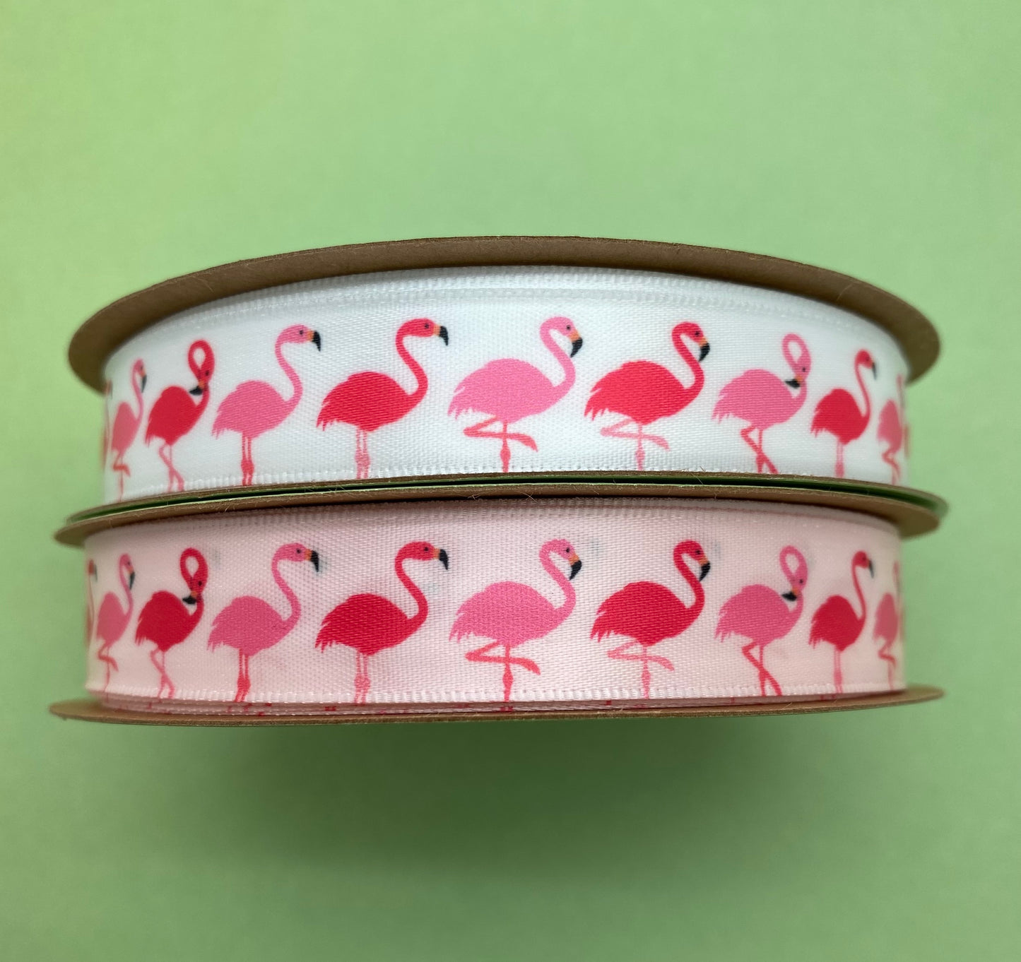 Flamingo Ribbon Pink Flamingos in a row printed on 5/8" White or Pink Single Face Satin