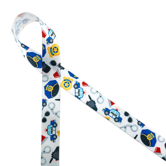 Police car ribbon featuring cars, hats, sunglasses and dispatcher radio printed on 5/8" white satin is such a fun ribbon for a birthday party! This ribbon is ideal for gift wrap, gift baskets, party decor, party favors, cookies, cake pops and candy! Use this ribbon for crafts, sewing , scrap booking and quilting projects too! All our ribbon is designed and printed in the USA