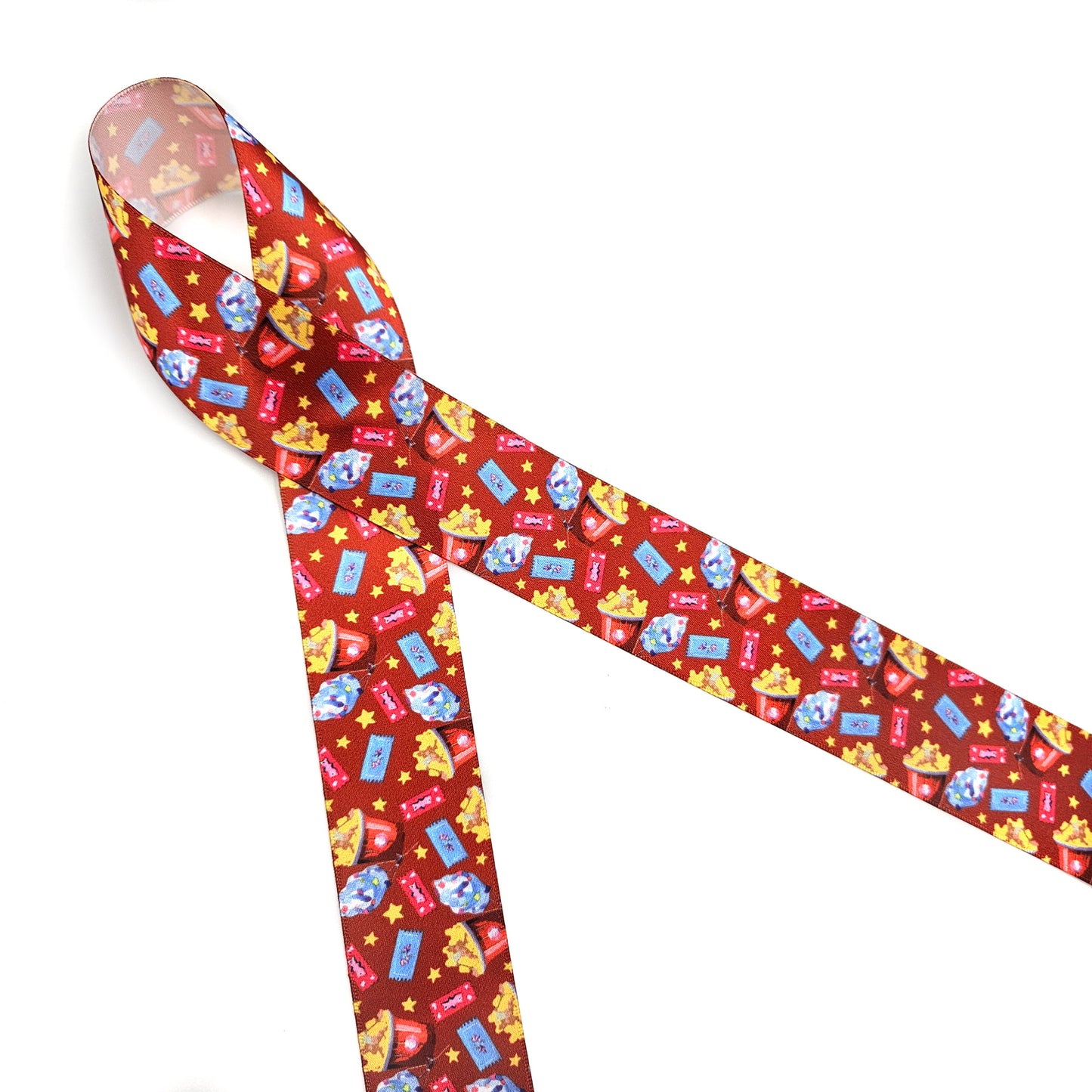 Popcorn ribbon with cotton candy, carnival tickets and yellow stars printed on 7/8" and 1.5" white single face satin