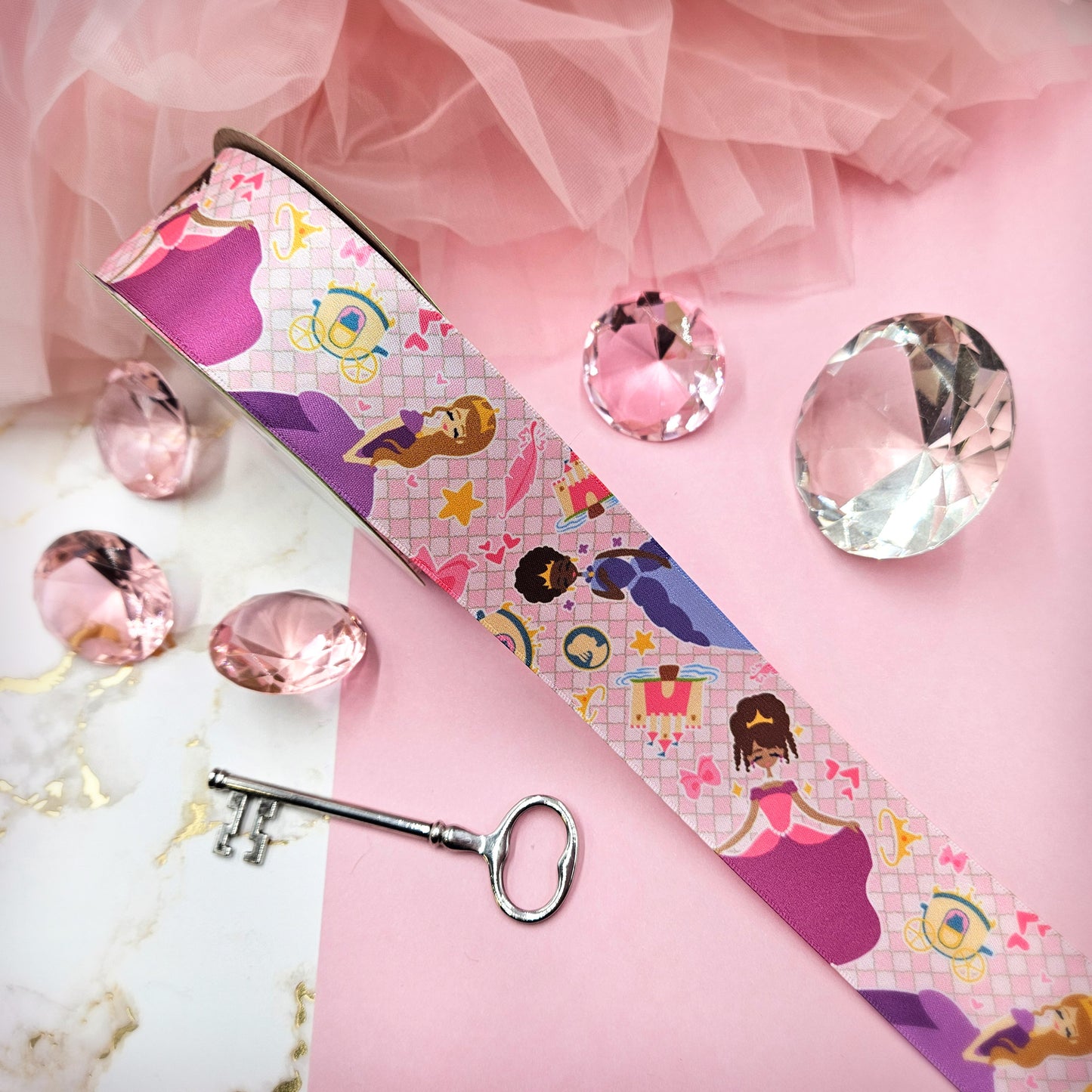 Princess ribbon in pink with princesses, castles and carriages on 1.5" white satin