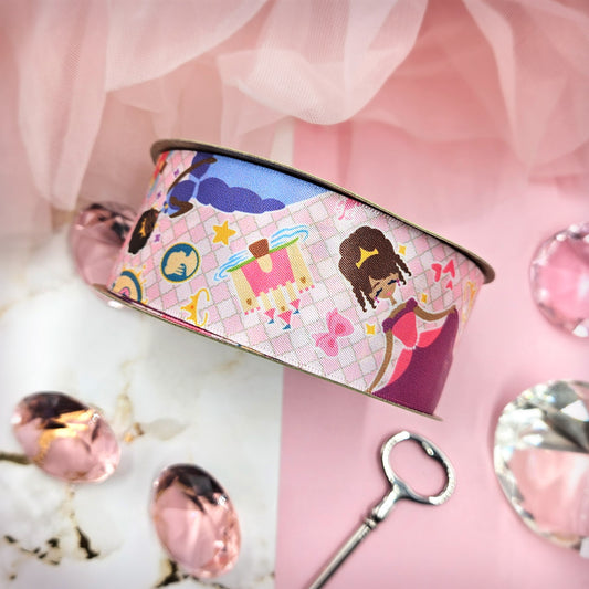 Princess ribbon in pink with princesses, castles and carriages on 1.5" white satin