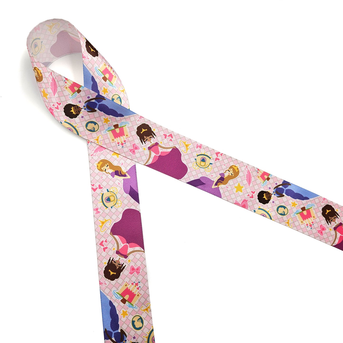 Princess ribbon in pink with princesses, castles and carriages on 1.5" white satin
