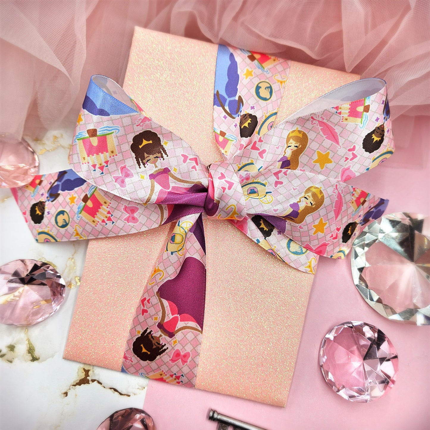 Princess ribbon in pink with princesses, castles and carriages on 1.5" white satin