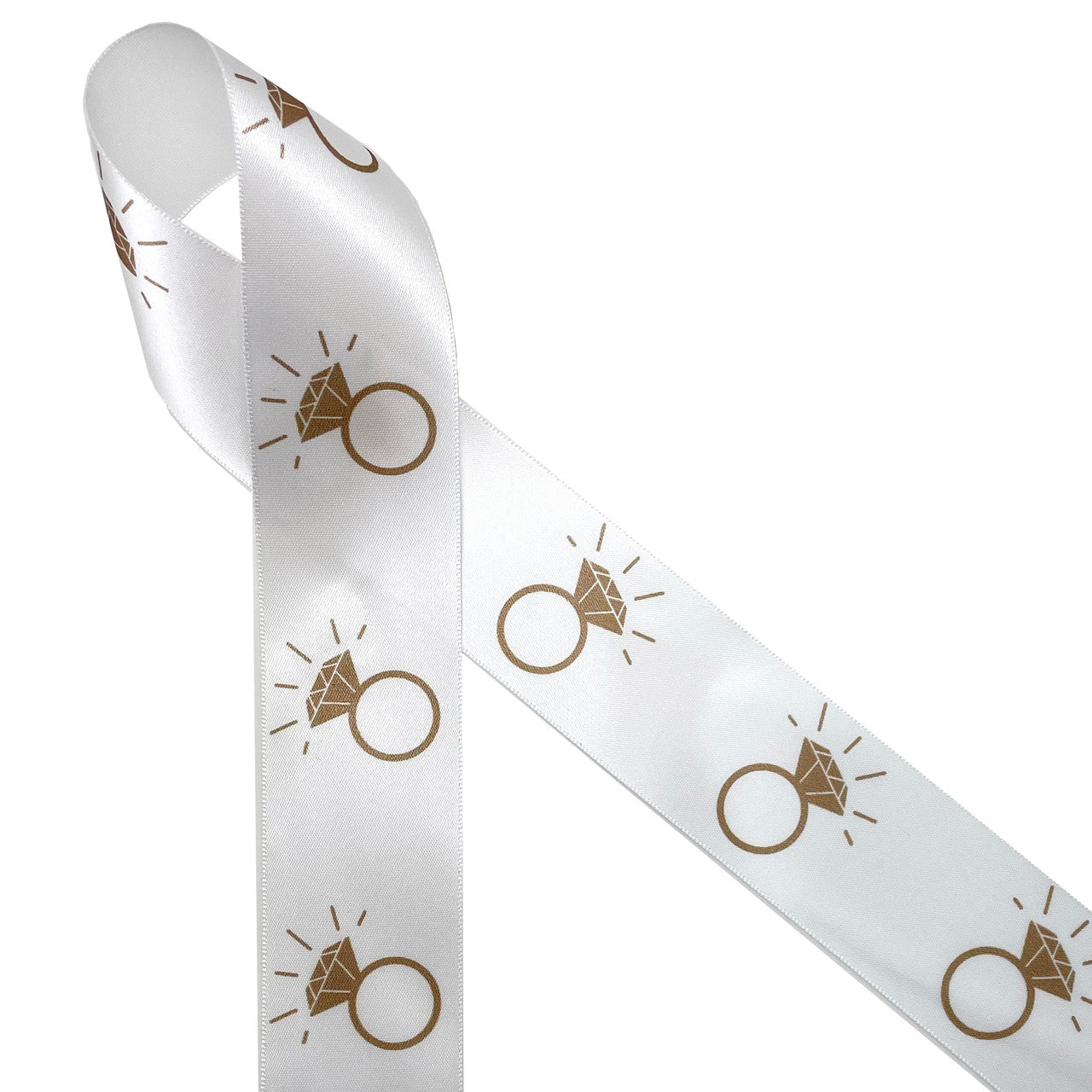 Engagement ring ribbon in gold ink printed on 1.5" white single face satin ribbon is the perfect addition to engagement party  gifts and decor. This fun ribbon is great for bridal showers and wedding gifts too! All our ribbon is designed and printed in the USA