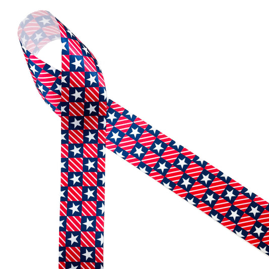 Stars and stripes in a check pattern printed on 1.5" white single face satin makes for a wonderful Patriotic ribbon. This ribbon is ideal for 4th of July celebrations, Memorial Day, Labor Day and Veterans Day. Be sure to have this ribbon on hand for wreaths, party decor, gift wrap, hat bands and quilting projects! All our ribbon is designed and printed in the USA