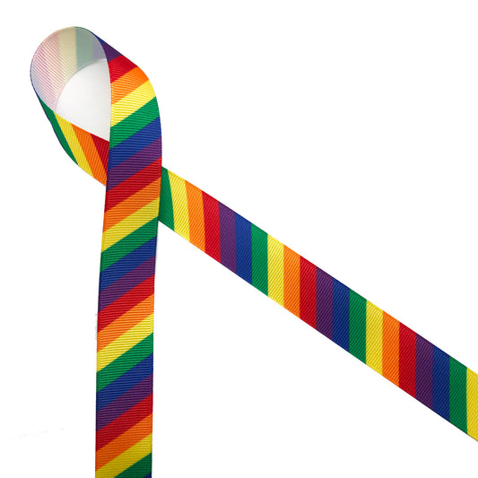 Rainbow stripes in primary colors of red, yellow, orange, green, blue and purple printed on 7/8" white grosgrain ribbon is such a fun ribbon for hair bows, hat bands, fascinators, crafts and sewing projects! Be sure to have this ribbon on hand for all your new colorful and creative ideas.