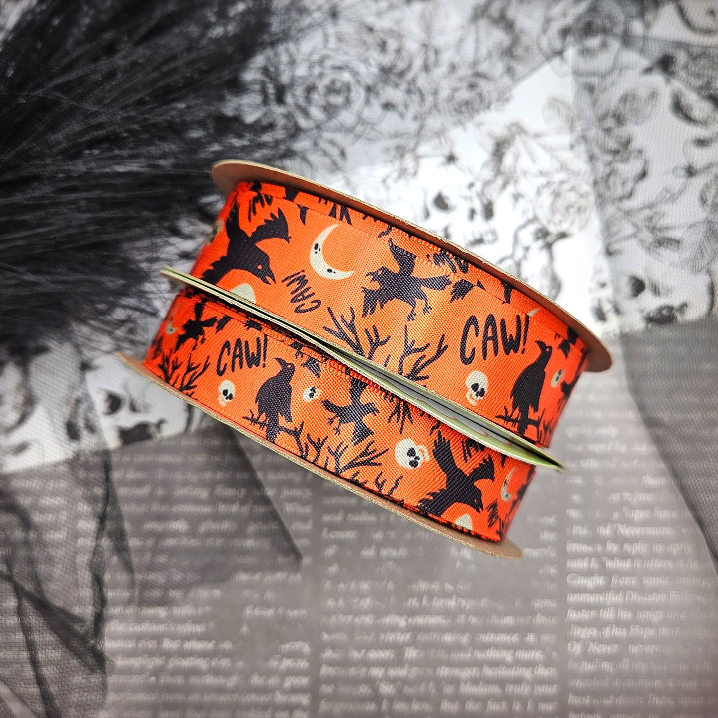 Ravens ribbon black on orange with a Retro theme printed on 5/8" and 7/8" satin