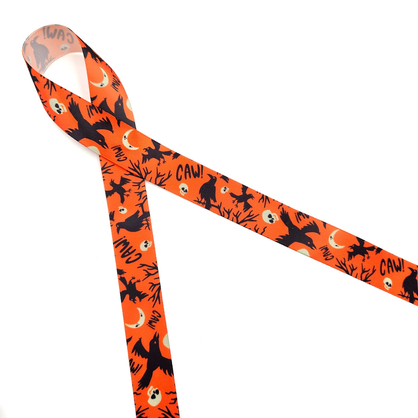 Ravens ribbon black on orange with a Retro theme printed on 5/8" and 7/8" satin