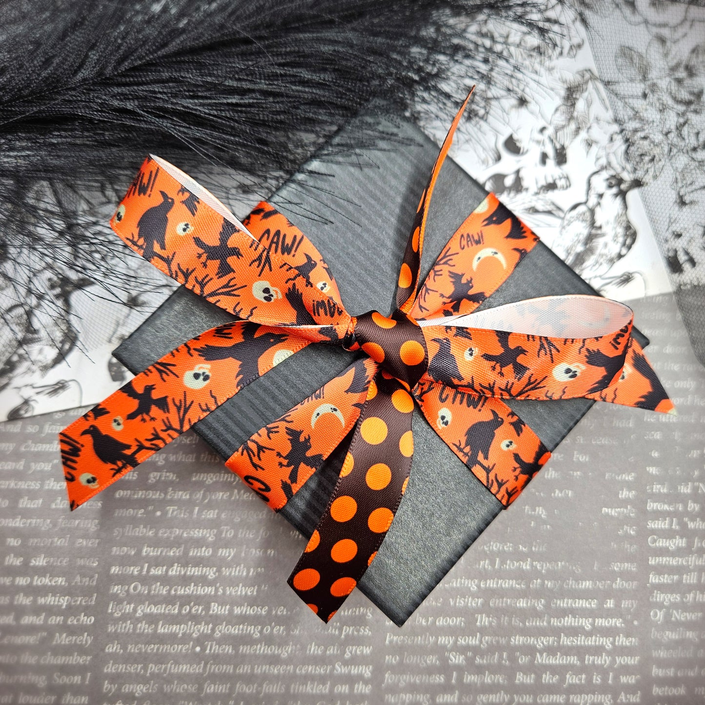 Ravens ribbon black on orange with a Retro theme printed on 5/8" and 7/8" satin