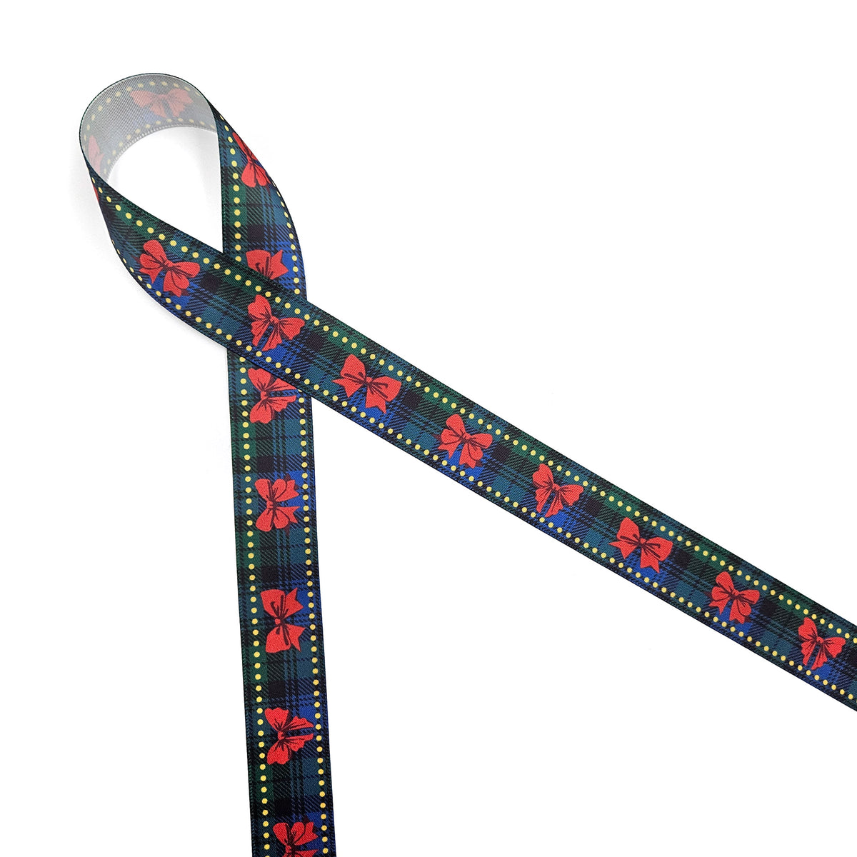 Christmas ribbon red bows on a black and blue watch plaid background printed on 5/8" single face satin