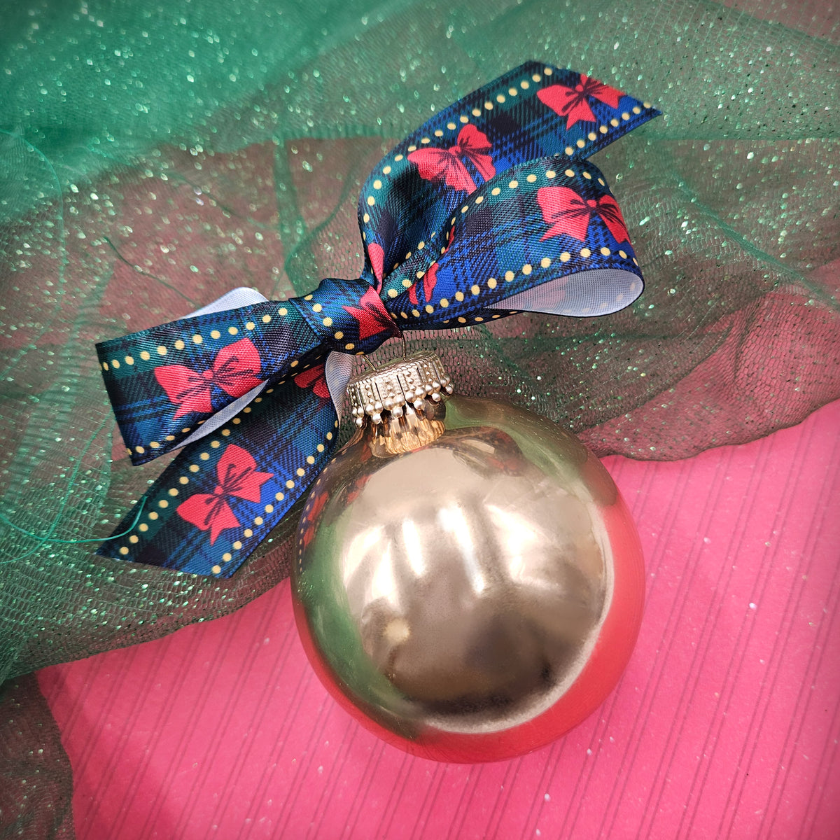 Christmas ribbon red bows on a black and blue watch plaid background printed on 5/8" single face satin