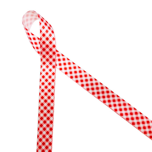 Red and white gingham check on white 5/8" single face satin ribbon