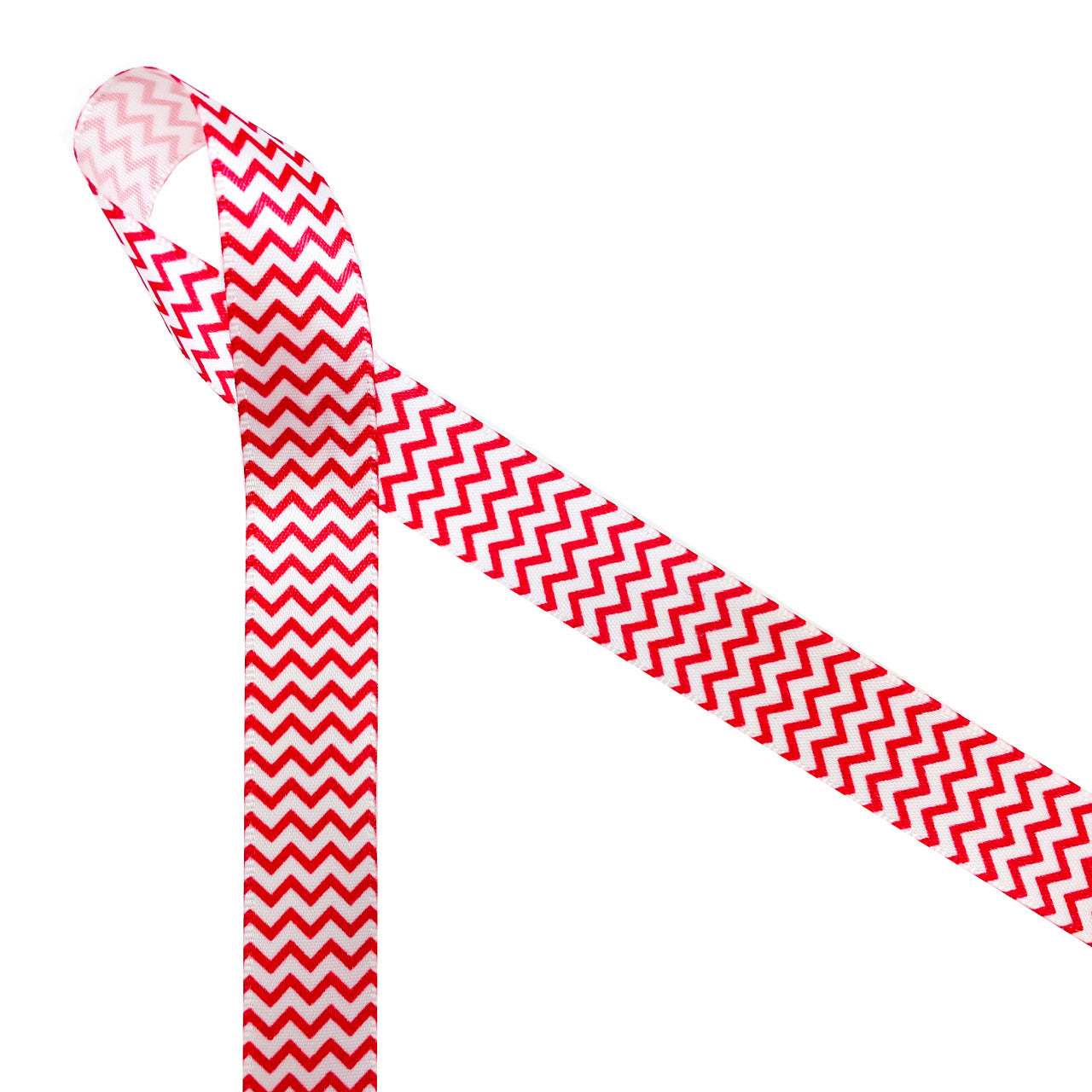 Micro Mini Chevron pattern in red ink on 5/8" white Single Face Satin ribbon