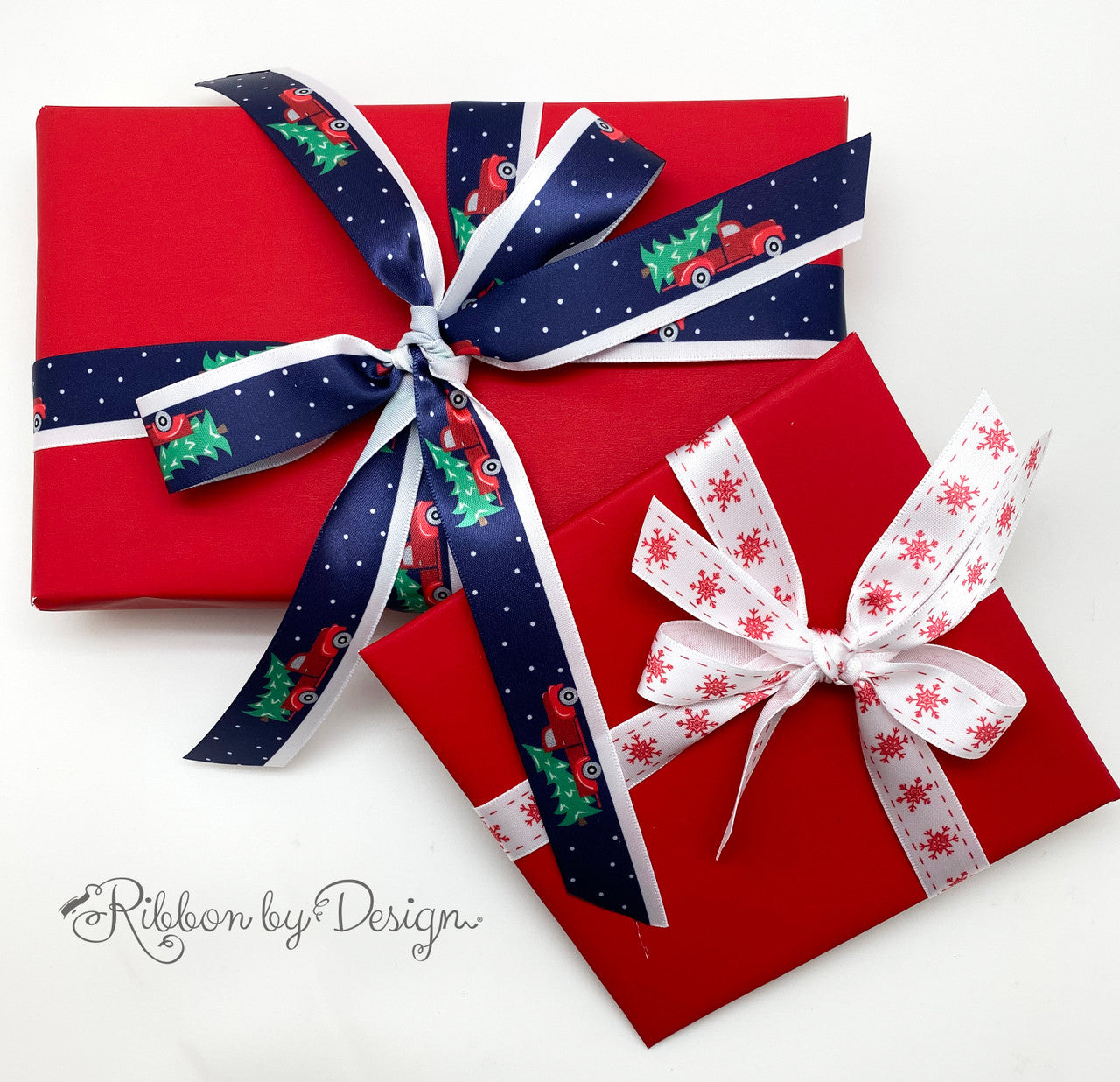 Pair our 7/8" satin red truck with the 5/8" satin snow flake ribbon to create some beautiful Winter themed holiday gifts!