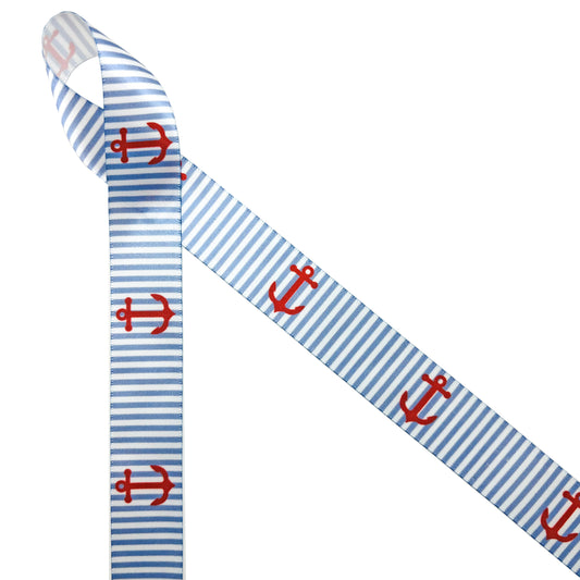 Anchors Ribbon in red on a light blue and white stripe background on 7/8" White Single Face Satin ribbon