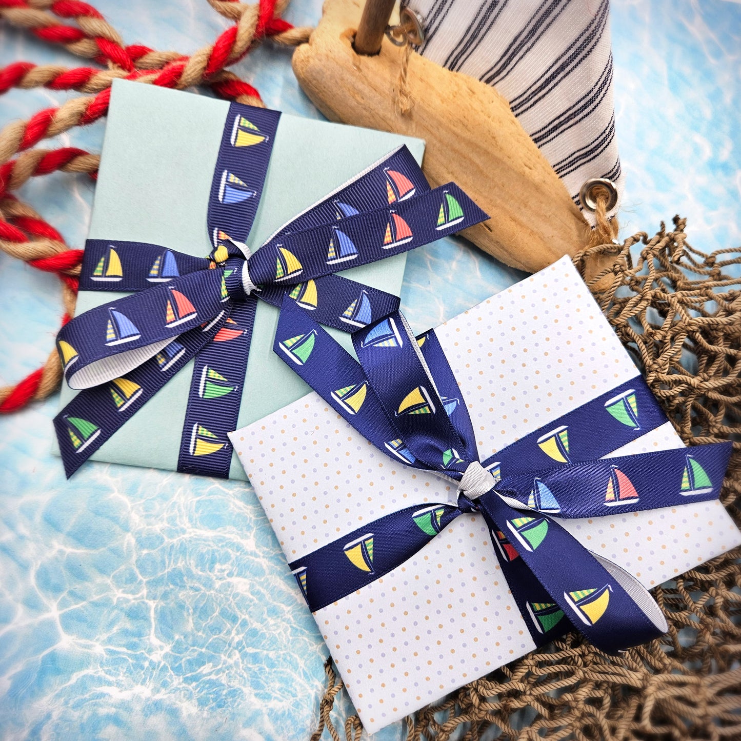 Sailboat ribbon with sales of green, yellow, blue and red printed on 5/8" and 7/8" satin and grosgrain