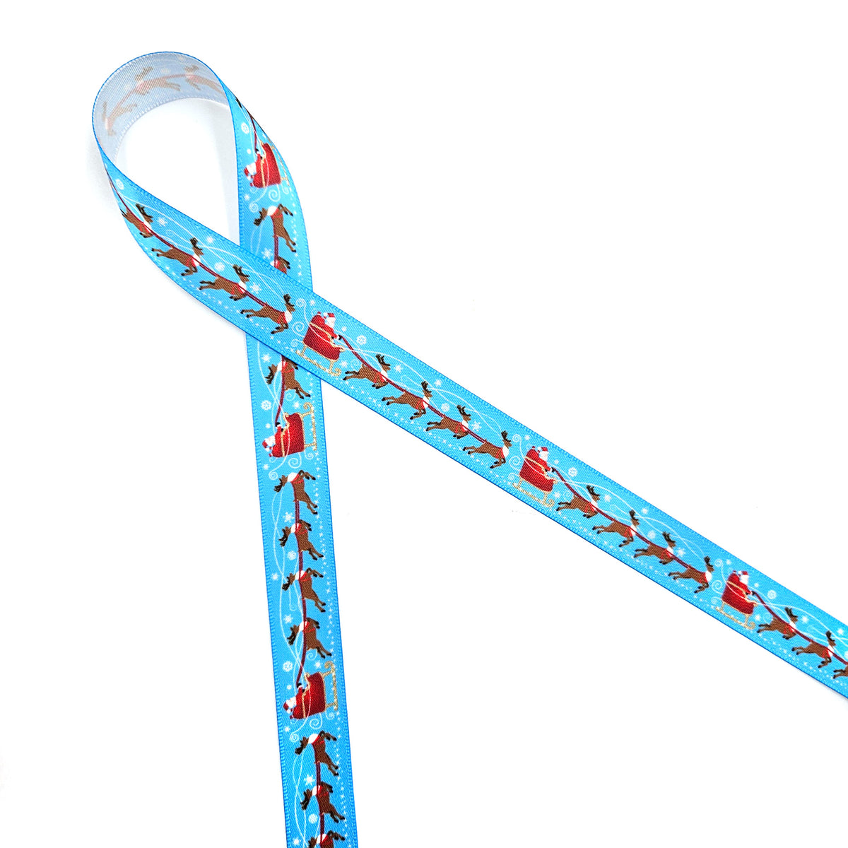 Christmas ribbon Santa with eight tiny reindeer and his sleigh on a light blue background printed on 5/8" and 7/8" satin