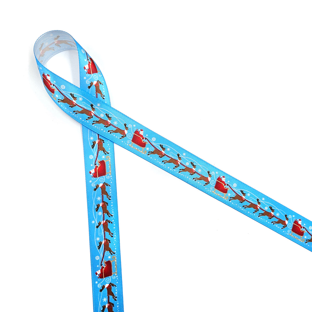 Christmas ribbon Santa with eight tiny reindeer and his sleigh on a light blue background printed on 5/8" and 7/8" satin
